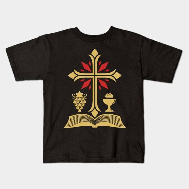 Cross, open bible, holy grail and vine. Kids T-Shirt by Reformer